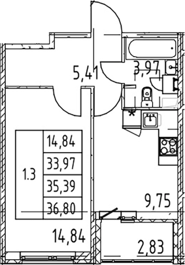 1-комнатная квартира 33.97 м², 2/12 эт., ЖК «Полис ЛАВрики»